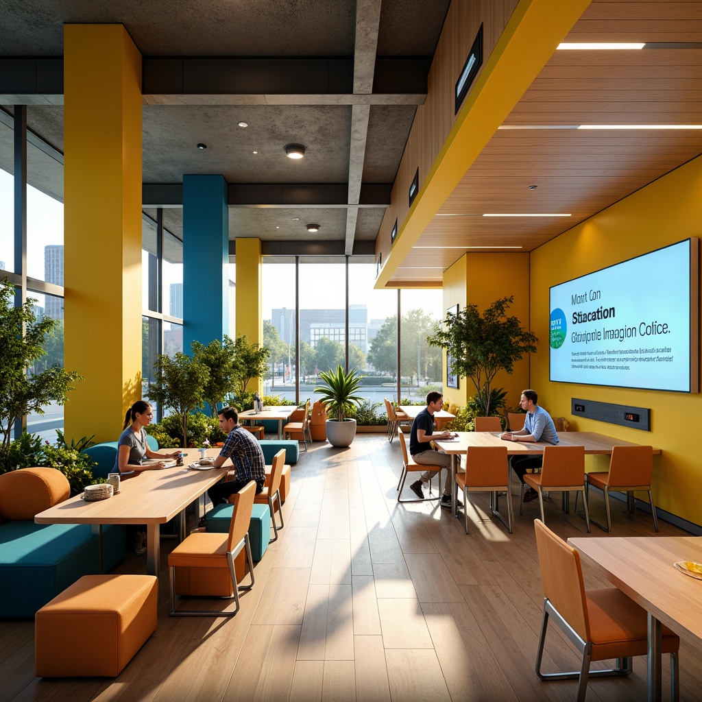 Prompt: Vibrant creative learning space, bold color scheme, stimulating yellow accents, calming blue undertones, energetic orange hues, inspiring greenery, natural wood textures, modern minimalist furniture, sleek metal legs, comfortable cushioned seating, collaborative workstations, interactive whiteboards, innovative technology integration, abundant natural light, soft warm glow, shallow depth of field, 3/4 composition, panoramic view, realistic textures, ambient occlusion.