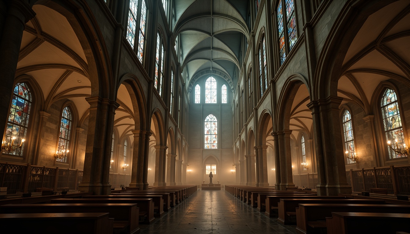 Prompt: Mysterious Gothic cathedral, khaki stone walls, ornate carvings, stained glass windows, grandiose vaulted ceilings, intricate archways, mystical ambiance, warm candlelight, eerie shadows, mysterious fog, misty atmosphere, dramatic lighting, 1/2 composition, low-angle shot, cinematic mood, rich textures, subtle grain.