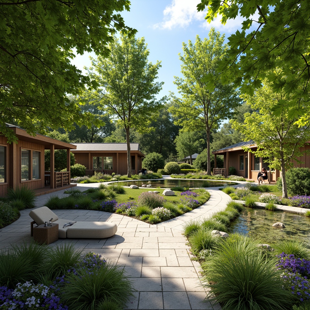 Prompt: Soothing healing garden, lush greenery, calming water features, serene walking paths, natural stone benches, vibrant flowers, gentle slopes, wheelchair-accessible ramps, sensory gardens, aromatic herbs, soft rustling leaves, warm sunny day, dappled shade, shallow depth of field, 1/1 composition, realistic textures, ambient occlusion, peaceful atmosphere.