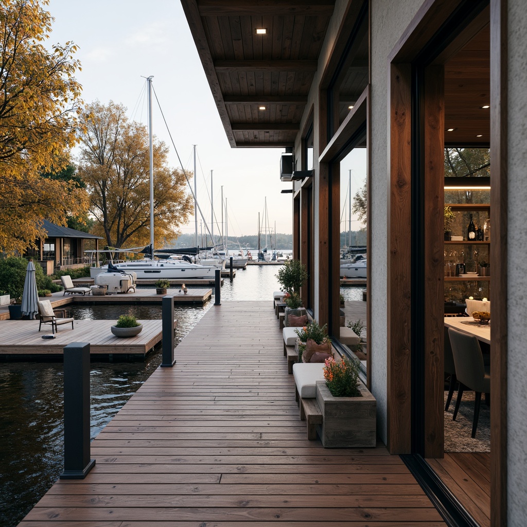 Prompt: Waterfront location, wooden dock, sailboats, nautical ropes, rustic boathouse, modern fenestration, large windows, sliding glass doors, minimalist frames, reflective metal surfaces, industrial chic design, reclaimed wood accents, natural stone walls, cozy interior lighting, warm color palette, shallow depth of field, 1/1 composition, realistic textures, ambient occlusion.