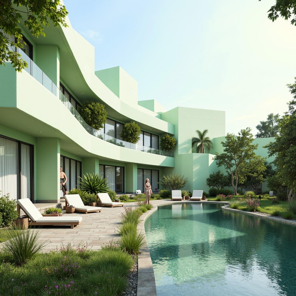 Prompt: Soothing mint-green buildings, soft pastel hues, calming atmosphere, natural stone foundations, curved lines, minimalist design, large windows, sliding glass doors, lush greenery, blooming flowers, serene water features, shallow reflective pools, warm sunny day, gentle misting systems, ambient occlusion, 3/4 composition, panoramic view, realistic textures, modern architecture, eco-friendly materials, innovative cooling technologies.