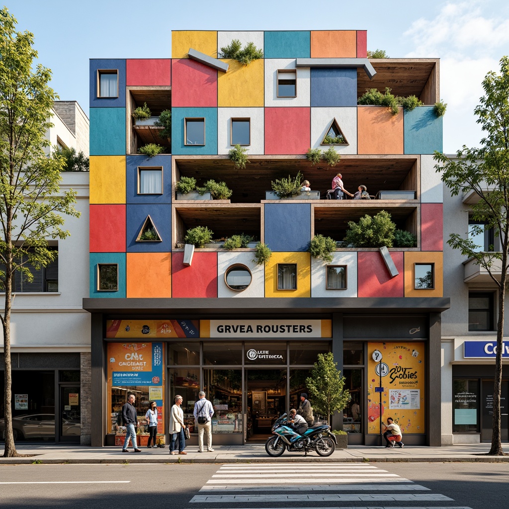 Prompt: Deconstructed grocery store facade, fragmented forms, irregular shapes, bold color blocking, distressed finishes, industrial materials, exposed ductwork, metallic accents, abstract signage, playful typography, urban context, busy street scene, morning light, soft shadows, shallow depth of field, 1/1 composition, realistic textures, ambient occlusion.