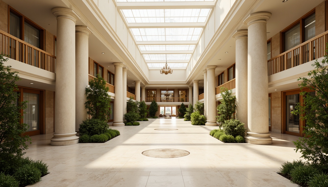 Prompt: Grand pavilion, academic architectural style, large skylights, clerestory windows, high ceilings, open floor plans, minimal obstructions, reflective surfaces, polished marble floors, cream-colored walls, abundant greenery, lush plants, natural stone columns, wooden accents, warm beige tones, soft diffused lighting, indirect sunlight, 1/1 composition, symmetrical framing, realistic textures, ambient occlusion.