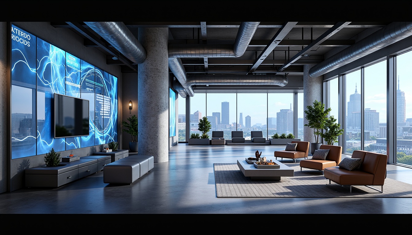 Prompt: Futuristic interior space, high-tech gadgets, sleek metal accents, minimalist decor, neon-lit ambiance, holographic displays, virtual reality zones, ergonomic furniture, adjustable lighting systems, smart home automation, floor-to-ceiling windows, panoramic city views, polished concrete floors, industrial-chic exposed ductwork, avant-garde artwork, 3D-printed decorative elements, ambient occlusion, shallow depth of field, cinematic composition, realistic textures.