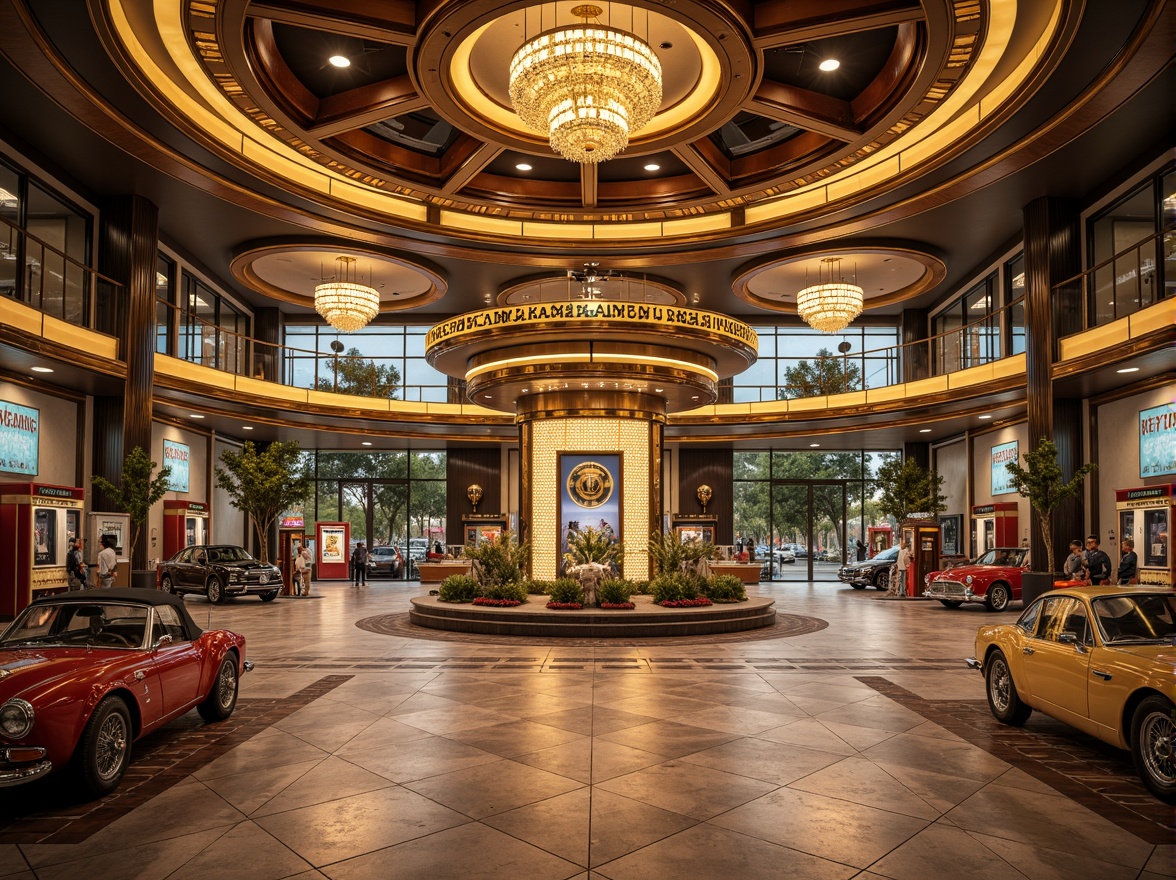 Prompt: Luxurious gas station, ornate metalwork, polished chrome accents, geometric patterned tiles, rich marble floors, lavish chandeliers, curved lines, metallic sheen, vintage car displays, retro-futuristic ambiance, warm golden lighting, shallow depth of field, 1/1 composition, symmetrical framing, high-contrast colors, intricate moldings, ornamental typography, opulent decorations, nostalgic atmosphere.