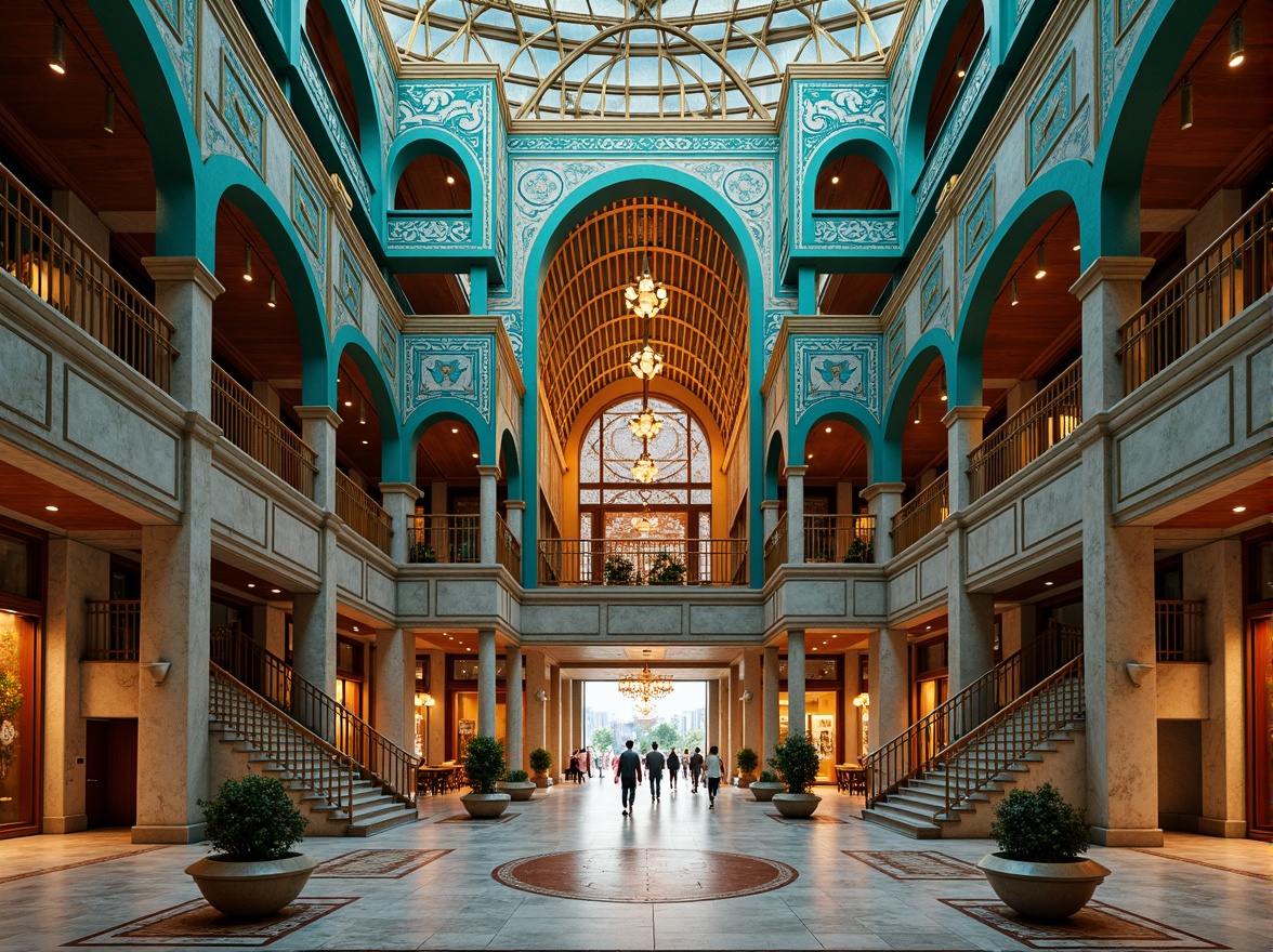 Prompt: Opulent cultural center, ornate facade, geometric patterns, metallic accents, vibrant turquoise, golden details, grand entrance, sweeping staircases, lavish chandeliers, intricate mosaics, luxurious textiles, rich wood tones, dramatic lighting, shallow depth of field, 1/1 composition, symmetrical view, realistic reflections, ambient occlusion.