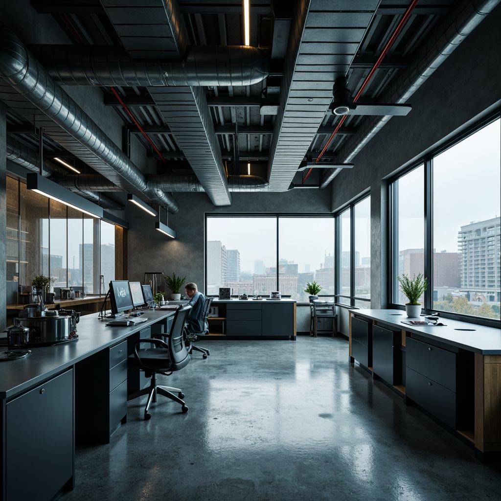 Prompt: Industrial laboratory setting, exposed ductwork, metallic pipes, concrete floors, minimalist aesthetic, functional layout, modular furniture, sleek workstations, futuristic equipment, glass partitions, neon lighting, urban cityscape, rainy day, misty atmosphere, shallow depth of field, 1/1 composition, realistic textures, ambient occlusion.