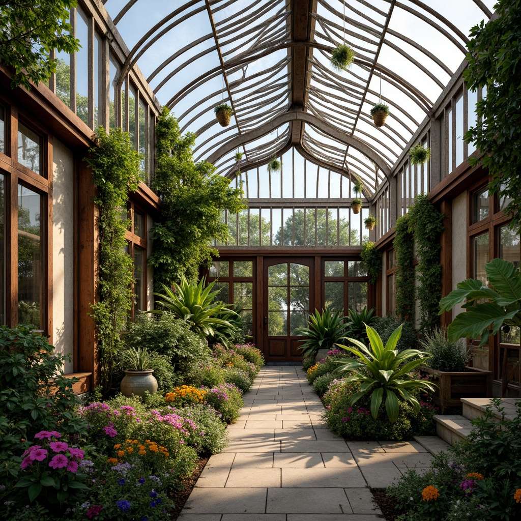 Prompt: Ornate greenhouse, lush tropical plants, exotic flowers, curved glass roofs, ornamental metal frames, natural stone walls, rustic wooden accents, vintage gardening tools, distressed finishes, earthy color palette, warm soft lighting, shallow depth of field, 1/1 composition, intimate close-up shots, realistic textures, ambient occlusion, innovative translucent materials, energy-efficient systems, sustainable building practices, eco-friendly insulation, recycled glass components, living walls, green roofs, organic shapes, intricate botanical patterns.