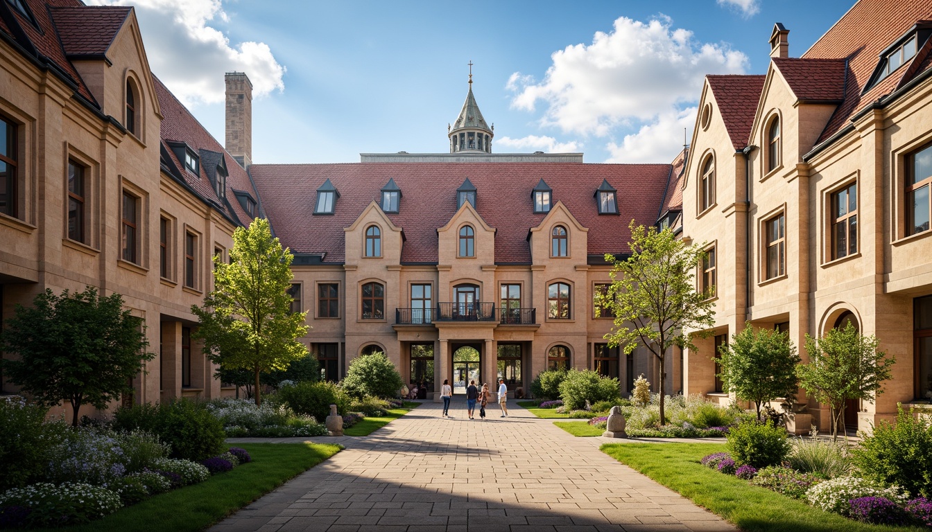 Prompt: Grand university building, ornate roof tiling, Gothic arches, ribbed vaults, flying buttresses, stained glass skylights, intricate stone carvings, classical columns, symmetrical fa\u00e7ade, imposing clock tower, lush greenery, vibrant flowers, sunny day, soft warm lighting, shallow depth of field, 3/4 composition, panoramic view, realistic textures, ambient occlusion.