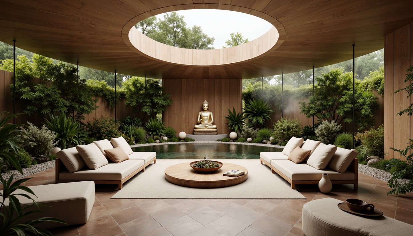 Prompt: Calming interior space, natural materials, reclaimed wood accents, soothing color palette, gentle curves, organic shapes, lush green walls, serene water features, peaceful Buddha statues, comfortable seating areas, plush cushions, warm lighting, soft shadows, 1/1 composition, intimate atmosphere, realistic textures, ambient occlusion.