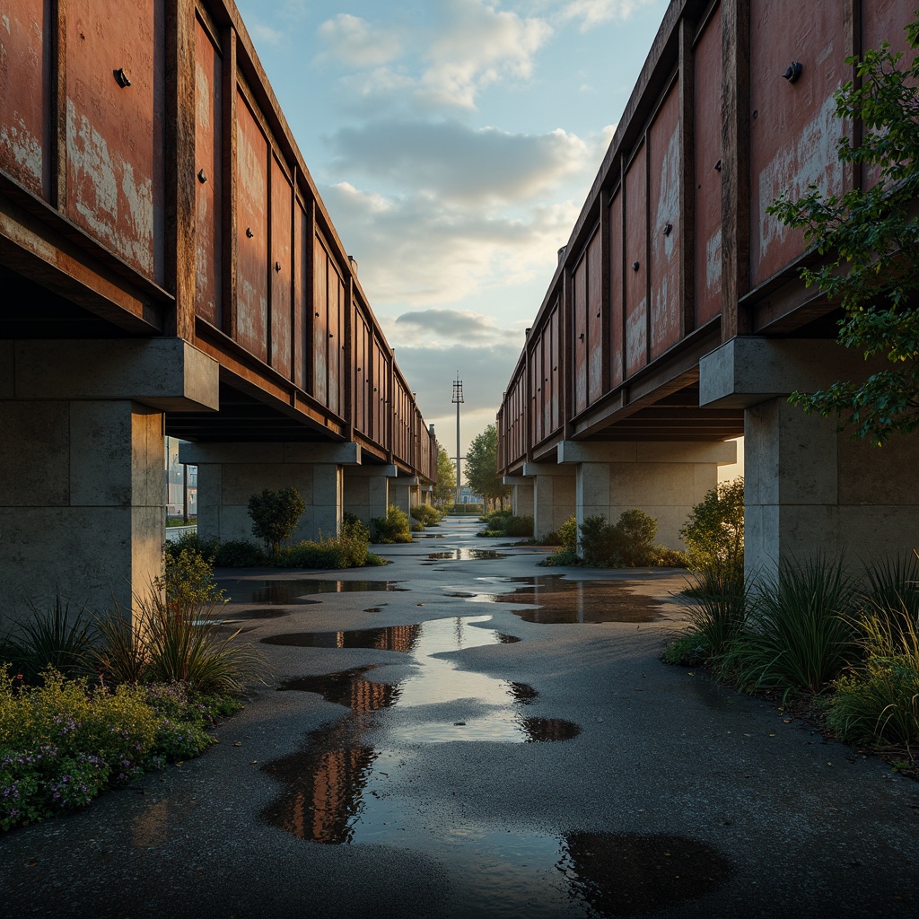 Prompt: Rustic steel bridges, industrial-era aesthetic, weathered metal textures, warm earthy tones, muted blue-grey hues, rich brown wood accents, natural stone foundations, misty atmospheric effects, soft golden lighting, shallow depth of field, 2/3 composition, cinematic view, realistic reflections, ambient occlusion.