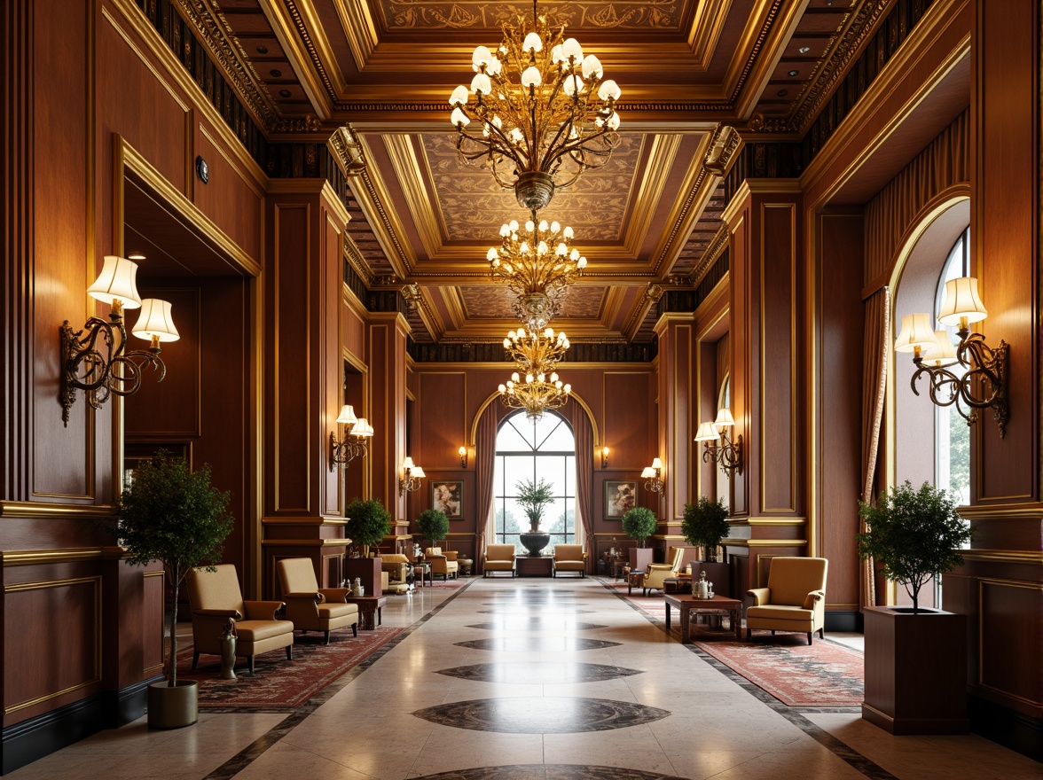 Prompt: Grand hotel lobby, high ceilings, ornate chandeliers, marble floors, intricately carved wooden paneling, gilded moldings, Corinthian columns, arched windows, velvet drapes, luxurious furnishings, crystal fixtures, warm golden lighting, shallow depth of field, 1/1 composition, symmetrical layout, realistic textures, ambient occlusion.