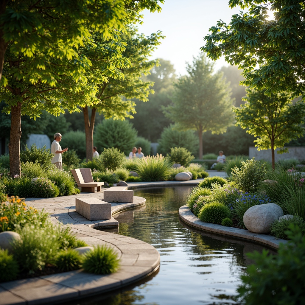 Prompt: Soothing healing garden, lush greenery, calming water features, serene walking paths, natural stone benches, vibrant flowers, gentle slopes, wheelchair-accessible ramps, sensory gardens, aromatic herbs, soft rustling leaves, warm sunny day, dappled shade, shallow depth of field, 1/1 composition, realistic textures, ambient occlusion, peaceful atmosphere.