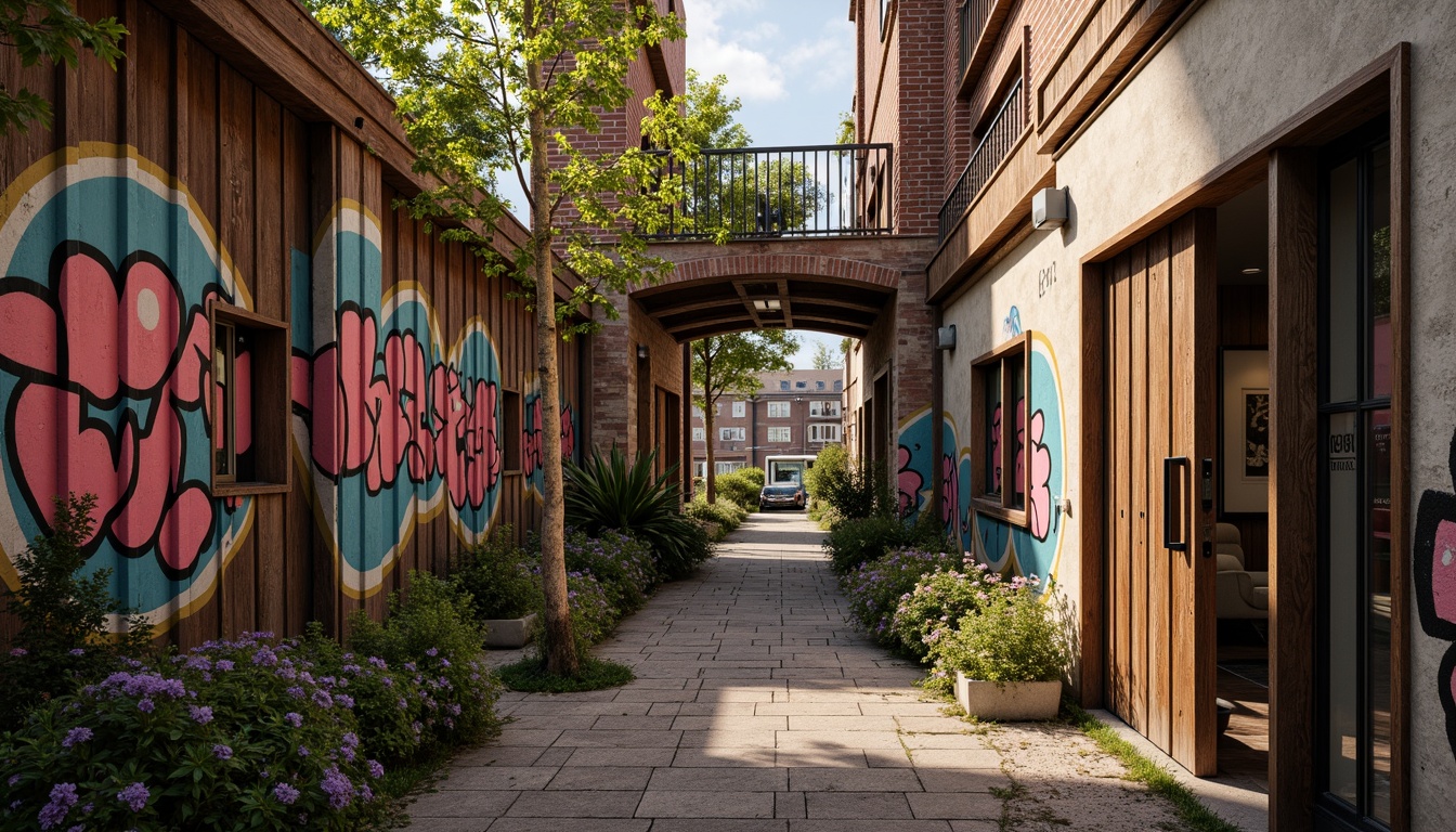 Prompt: Rustic wooden planks, distressed metal sheets, rough stone walls, vibrant graffiti murals, eclectic urban landscapes, gritty industrial textures, weathered brick facades, ornate Victorian-era architectural details, intricate mosaic patterns, warm golden lighting, shallow depth of field, 1/2 composition, realistic ambient occlusion.