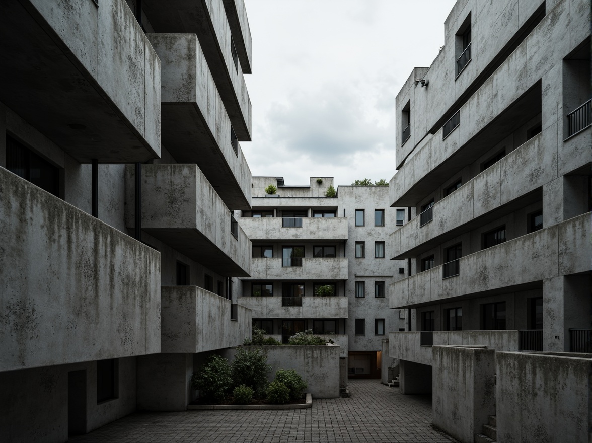 Prompt: Exposed concrete walls, rugged textures, industrial pipes, raw steel beams, minimalist balconies, brutalist architecture, urban cityscape, gloomy overcast sky, dramatic shadows, high-contrast lighting, bold geometric forms, functional simplicity, distressed finishes, poured-in-place concrete, cold monochromatic color palette, 1/1 composition, low-angle shot, cinematic atmosphere, gritty realistic textures.