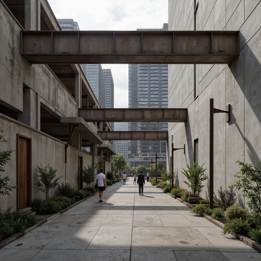 Prompt: Rough concrete walls, industrial metal beams, raw wooden accents, minimalist decorative elements, functional simplicity, bold geometric shapes, primary color schemes, brutalist influences, urban cityscape, overcast skies, dramatic shadows, high-contrast lighting, 1/1 composition, symmetrical framing, abstract textures, ambient occlusion.