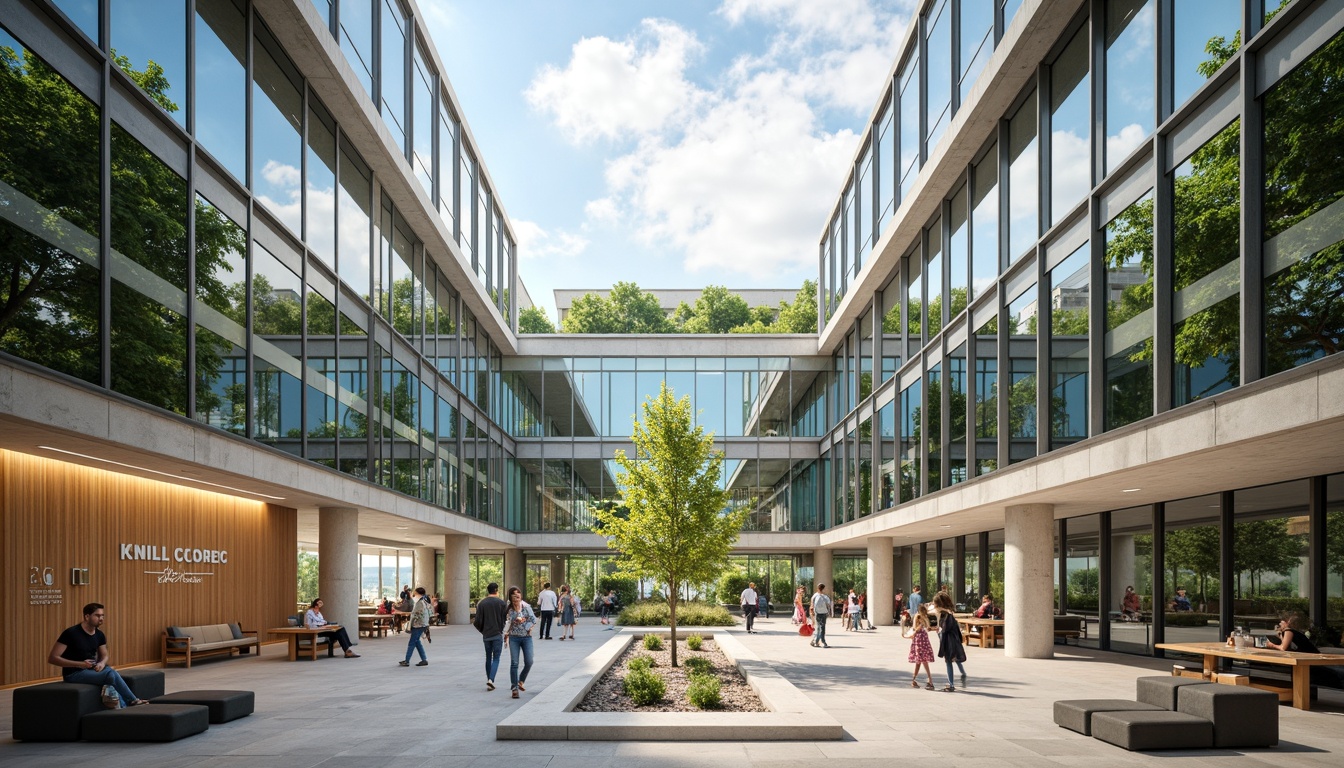 Prompt: Spacious academic building, abundant natural light, floor-to-ceiling windows, transparent glass roofs, open atriums, minimalist interior design, reflective surfaces, polished concrete floors, sleek metal frames, green walls, living plants, educational signage, collaborative learning spaces, flexible seating arrangements, warm wooden accents, soft diffused lighting, shallow depth of field, 1/1 composition, realistic textures, ambient occlusion.