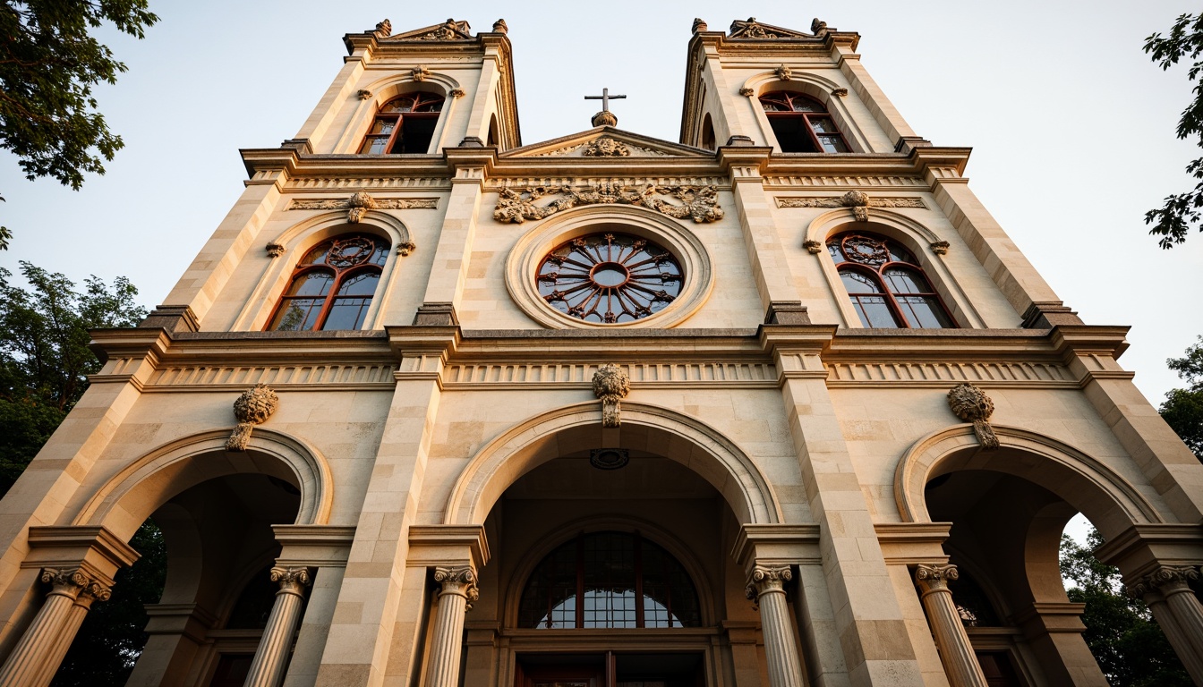 Prompt: Grandiose church facade, ornate stone carvings, symmetrical composition, soaring bell towers, intricate stained glass windows, majestic entrance archways, rusticated quoins, Corinthian columns, decorative pilasters, ornamental pediments, subtle weathered stone textures, warm golden lighting, soft focus, shallow depth of field, 2/3 composition, realistic architectural details, ambient occlusion.