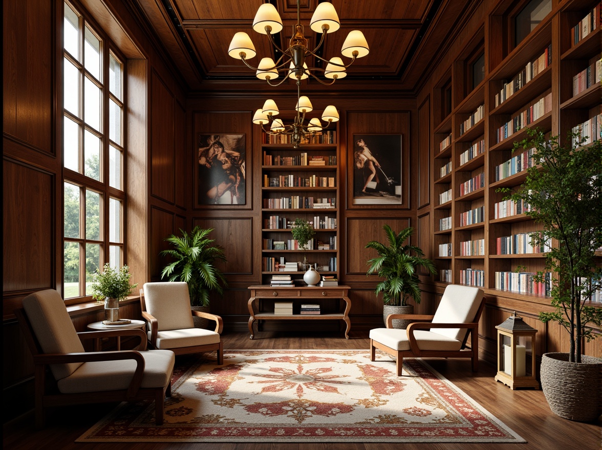 Prompt: Cozy library atmosphere, warm wooden shelves, comfortable reading nooks, soft cushioned chairs, rich leather-bound books, elegant chandeliers, subtle natural light, earthy tone color palette, soothing sage greens, muted terracotta reds, creamy whites, dark walnut wood accents, vintage metal lanterns, ornate wooden paneling, plush area rugs, warm golden lighting, shallow depth of field, 2/3 composition, realistic textures, ambient occlusion.