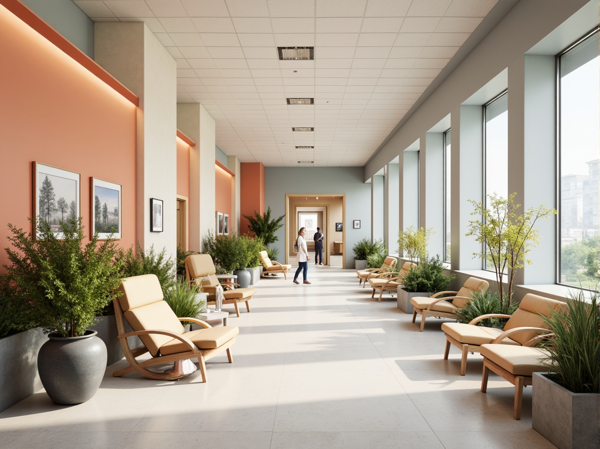 Prompt: Calming hospital interior, soothing color palette, gentle pastel hues, soft peach tones, creamy whites, pale blues, natural wood accents, comfortable seating areas, lush greenery, vibrant flowers, warm lighting, cozy ambiance, relaxing atmosphere, serene patient rooms, peaceful waiting areas, calming corridors, nature-inspired artwork, subtle texture patterns, minimal noise levels, 1/1 composition, soft focus, realistic rendering.