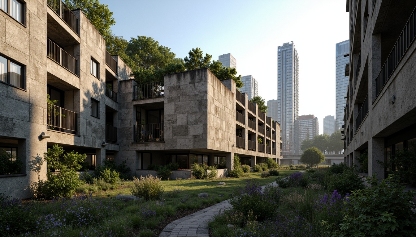 Prompt: Rugged brutalist buildings, raw concrete textures, fortress-like structures, overgrown vegetation, wildflowers, moss-covered walls, weathered steel beams, industrial materials, urban landscape integration, cityscape views, elevated walkways, cantilevered sections, dramatic shadows, harsh natural light, 1/1 composition, symmetrical framing, high-contrast lighting, gritty realistic textures, ambient occlusion.