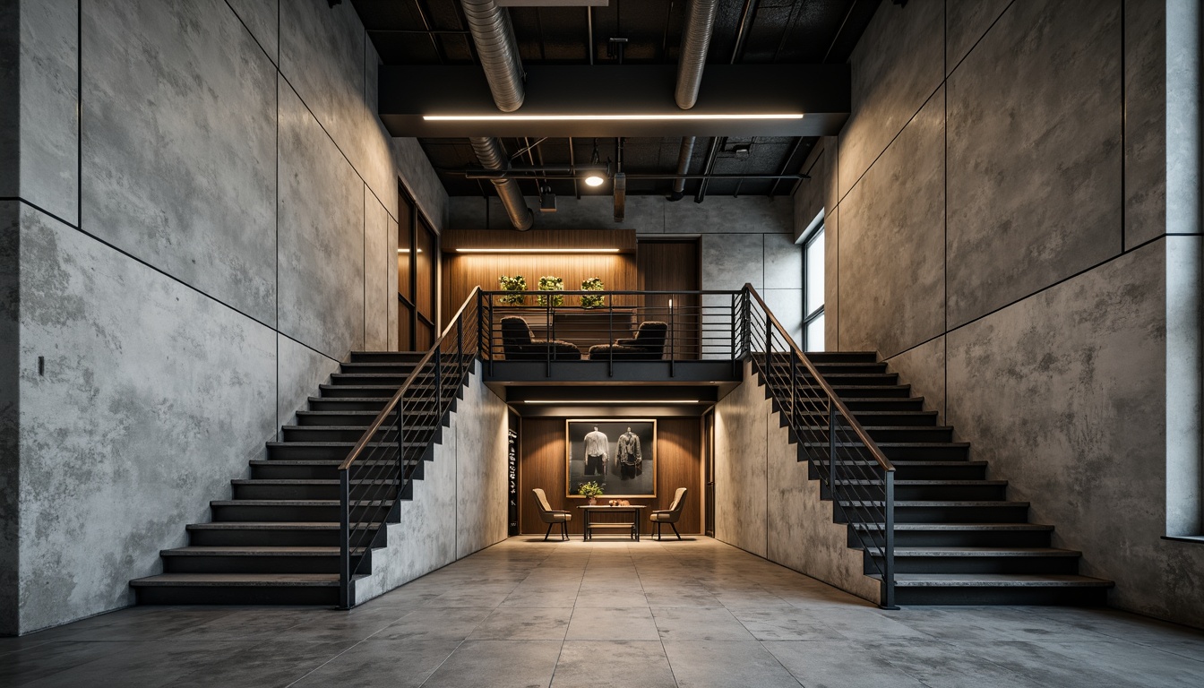 Prompt: Raw concrete walls, rugged textures, brutalist architecture, urban apartment building, industrial chic aesthetic, minimalist decor, functional simplicity, exposed ductwork, steel beams, industrial-style lighting, metal railings, raw wood accents, monochromatic color scheme, dramatic shadows, high-contrast lighting, cinematic composition, 1/2 camera angle, gritty realistic textures, ambient occlusion.