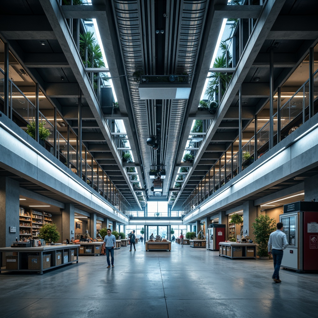 Prompt: Futuristic warehouse interior, exposed ductwork, metallic beams, polished concrete floors, neon-lit catwalks, suspended LED lights, industrial-style lamps, high-ceilinged spaces, automated storage systems, robotic arms, sleek metal shelving, minimalist decor, ambient occlusion, softbox lighting, 1/1 composition, shallow depth of field, realistic textures.