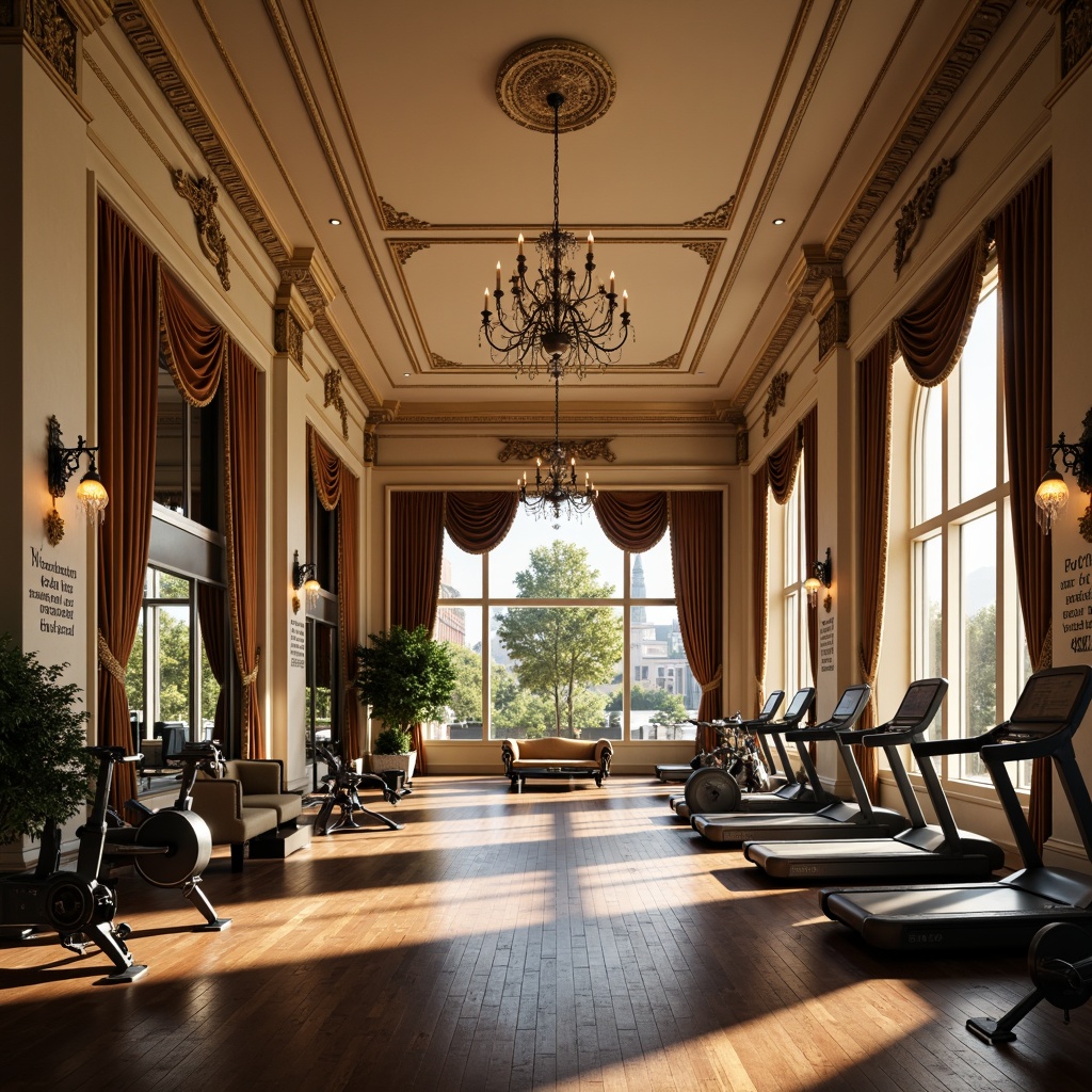 Prompt: Grandiose fitness club, ornate chandeliers, high ceilings, large windows, natural light pouring in, warm beige walls, dark wood flooring, intricate moldings, gilded accents, luxurious velvet drapes, state-of-the-art exercise equipment, free weights, treadmills, stationary bicycles, mirrored walls, motivational quotes, soft warm lighting, shallow depth of field, 1/1 composition, realistic textures, ambient occlusion.