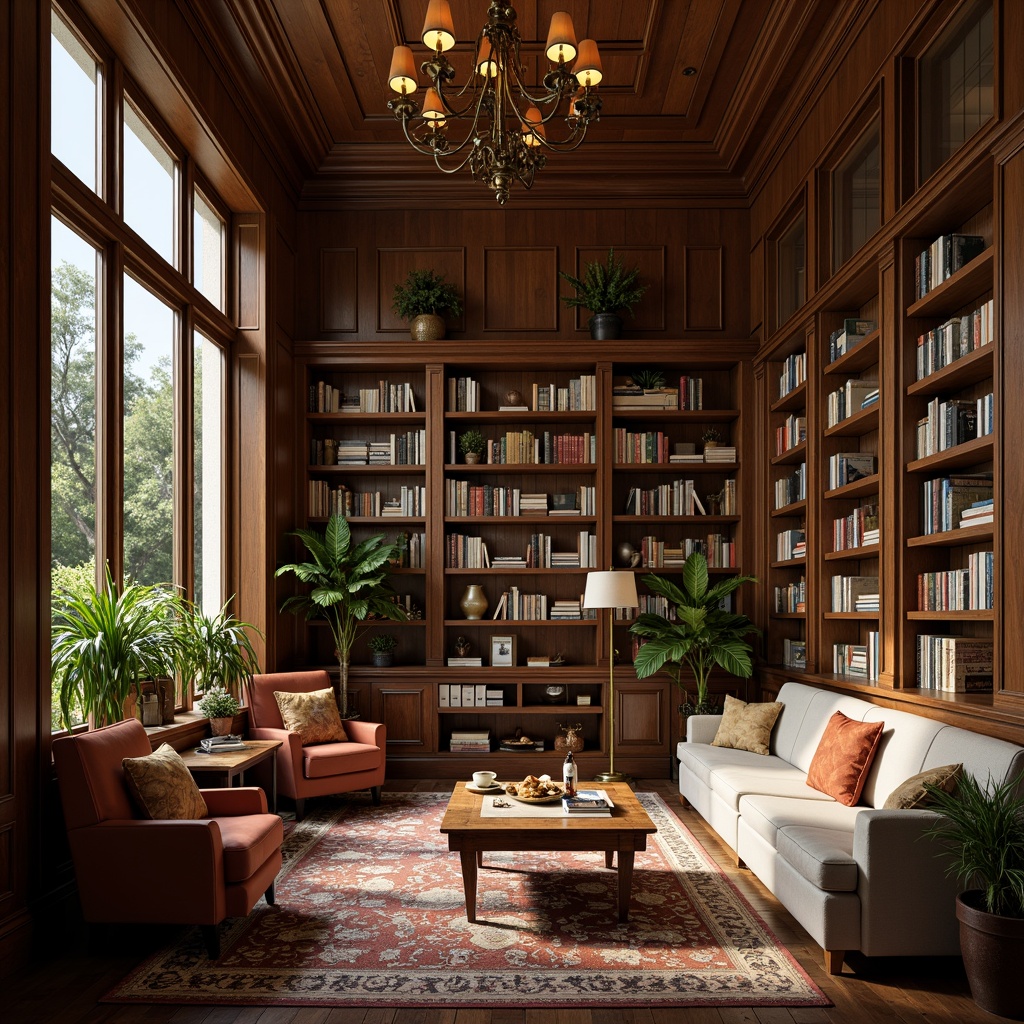 Prompt: Cozy library atmosphere, warm wooden shelves, comfortable reading nooks, soft cushioned chairs, rich leather-bound books, elegant chandeliers, subtle natural light, earthy tone color palette, soothing sage greens, muted terracotta reds, creamy whites, dark walnut wood accents, vintage metal lanterns, ornate wooden paneling, plush area rugs, warm golden lighting, shallow depth of field, 2/3 composition, realistic textures, ambient occlusion.