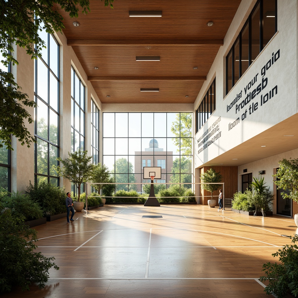 Prompt: Bright gymnasium interior, high ceilings, large windows, natural light pouring in, wooden flooring, athletic equipment, basketball hoops, volleyball nets, exercise machines, mirrored walls, motivational quotes, modern architecture, minimalist design, sleek lines, abundant greenery, lush plants, warm color tones, soft shadows, shallow depth of field, 1/1 composition, realistic textures, ambient occlusion.