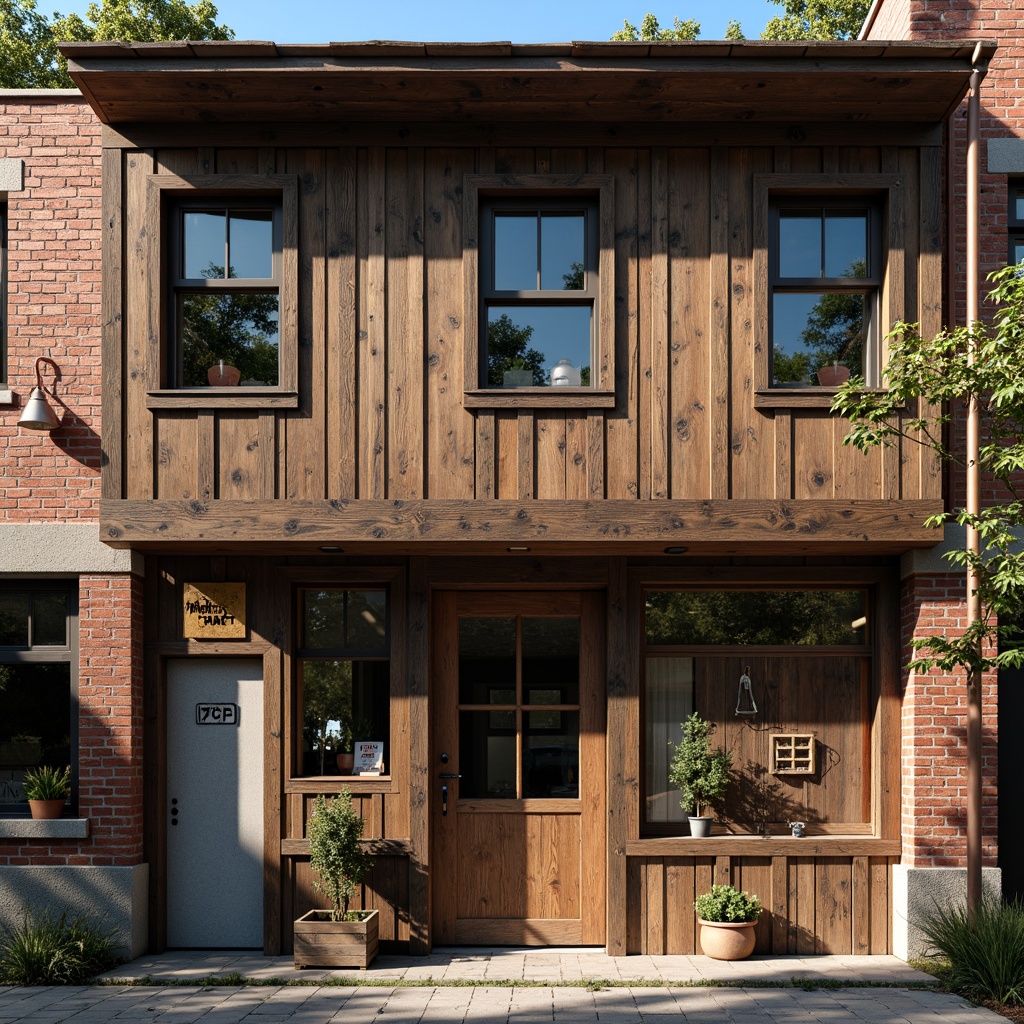 Prompt: Rustic workshop facade, distressed wooden planks, metal cladding, industrial-style windows, exposed brick walls, vintage signage, eclectic architectural details, warm earthy tones, natural stone foundations, overhanging roofs, asymmetrical composition, dramatic shadows, soft diffused lighting, 1/2 composition, realistic textures, ambient occlusion.