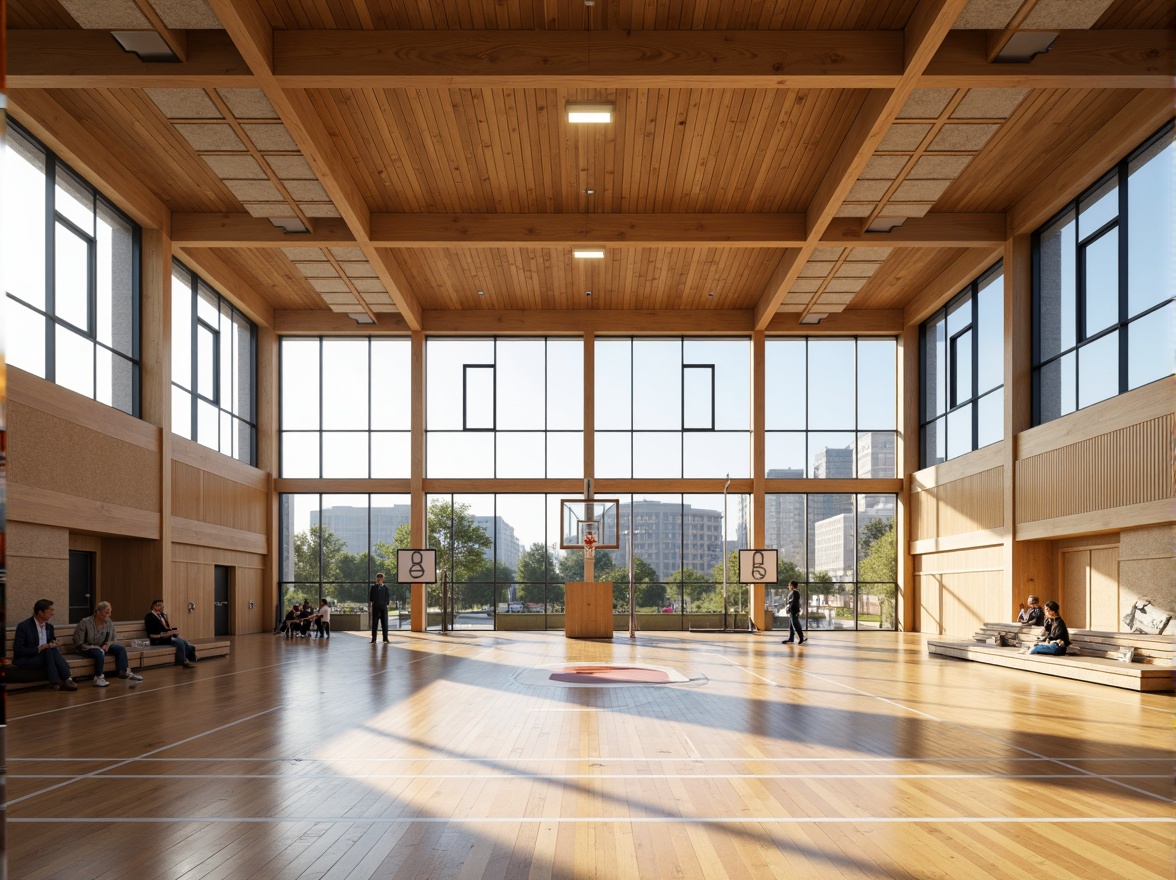 Prompt: Modern gymnasium interior, high ceilings, wooden flooring, sound-absorbing panels, acoustic ceiling tiles, reverberation control systems, echo-reducing materials, sports equipment, basketball hoops, volleyball nets, bleacher seating, natural light, large windows, transparent glass walls, minimal ornamentation, functional design, warm color scheme, soft indirect lighting, shallow depth of field, 1/2 composition, realistic textures, ambient occlusion.