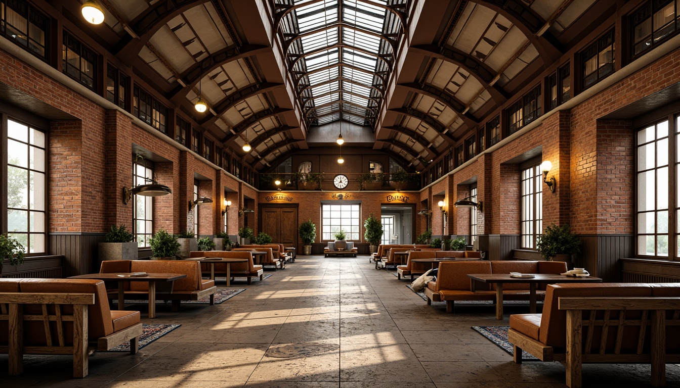 Prompt: Vintage train station, eclectic mix of materials, exposed brick walls, rusty metal beams, reclaimed wood accents, ornate ironwork, stained glass ceilings, intricate tile mosaics, distressed leather benches, antique luggage racks, industrial-style lighting fixtures, warm golden lighting, shallow depth of field, 1/1 composition, realistic textures, ambient occlusion.