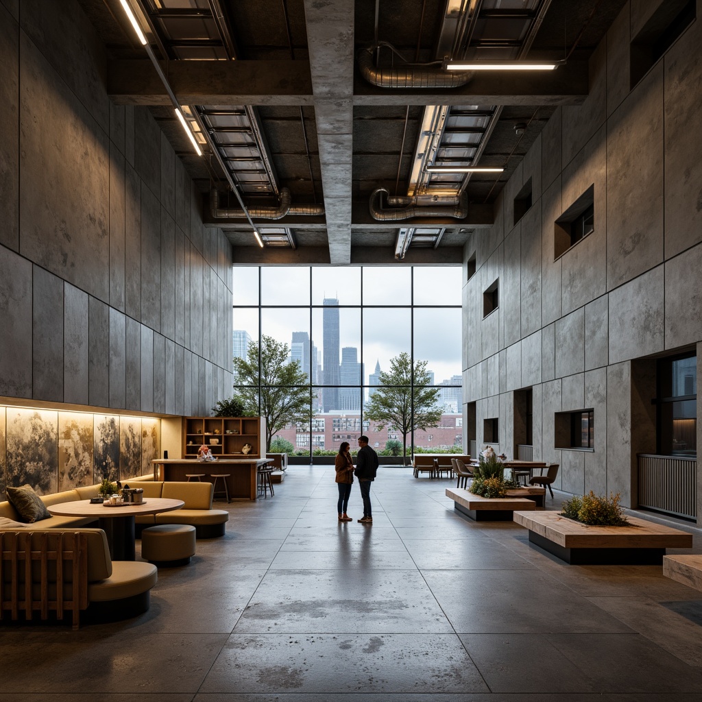 Prompt: Rugged community center, brutalist architecture, raw concrete walls, exposed ductwork, industrial-style lighting, open floor plan, minimalist decor, functional spaces, communal areas, natural stone flooring, reclaimed wood accents, urban landscape views, overcast sky, dramatic shadows, high-contrast lighting, 1/2 composition, symmetrical framing, gritty textures, ambient occlusion.