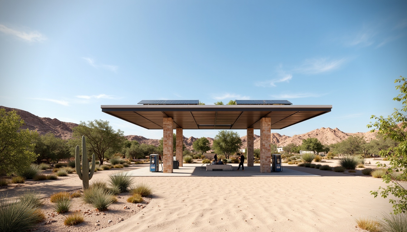 Prompt: Rustic gas station, natural stone walls, green roofs, solar panels, modern fuel pumps, sleek metal canopies, minimalist design, desert landscape, sandy dunes, cactus plants, hot sunny day, clear blue sky, vast open space, integrated seating areas, native plant species, drought-resistant vegetation, permeable pavement, rainwater harvesting systems, eco-friendly materials, subtle branding elements, warm color scheme, shallow depth of field, 3/4 composition, panoramic view, realistic textures, ambient occlusion.