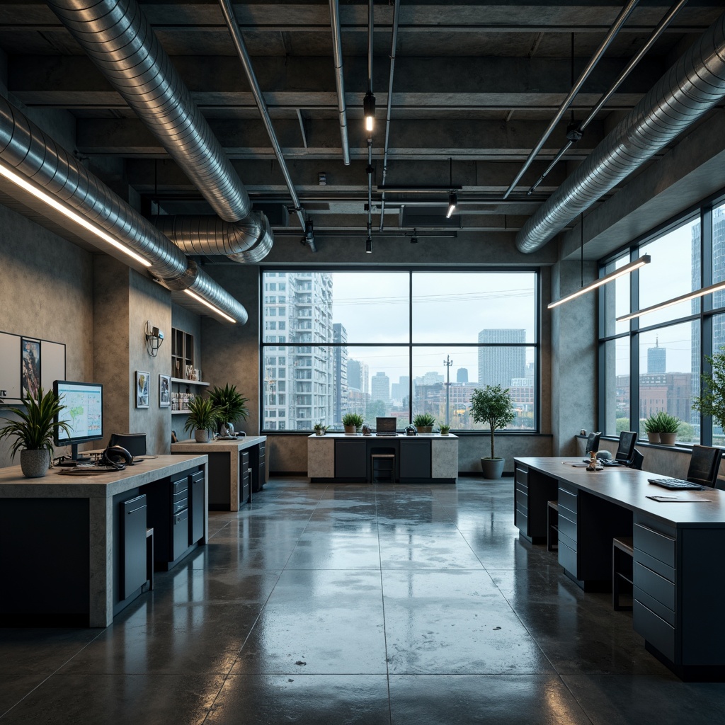 Prompt: Industrial laboratory setting, exposed ductwork, metallic pipes, concrete floors, minimalist aesthetic, functional layout, modular furniture, sleek workstations, futuristic equipment, glass partitions, neon lighting, urban cityscape, rainy day, misty atmosphere, shallow depth of field, 1/1 composition, realistic textures, ambient occlusion.