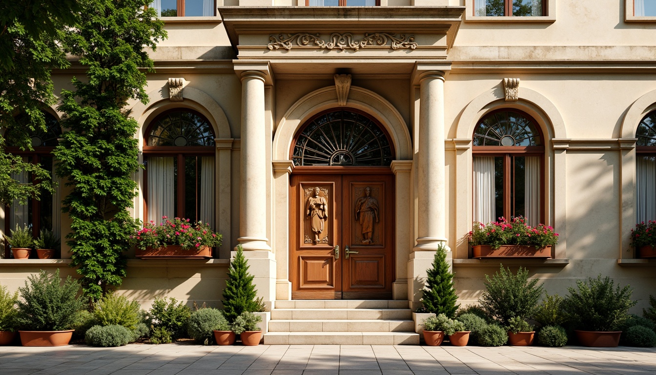 Prompt: Rustic university building, Romanesque style architecture, ornate stone carvings, arched windows, grand entranceways, heavy wooden doors, intricate ironwork, weathered stone walls, lush green ivy, vibrant flower boxes, decorative cornices, classical columns, warm beige stonework, soft afternoon lighting, shallow depth of field, 1/2 composition, realistic textures, ambient occlusion.