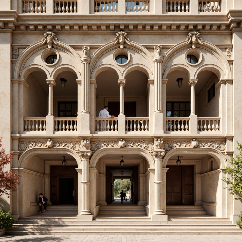 Prompt: Grandiose building facade, ornate columns, intricately carved details, symmetrical composition, classical arches, rusticated stone walls, grand entranceways, sweeping staircases, elegant balustrades, refined moldings, subtle ornamentation, muted earthy tones, warm beige stonework, soft natural lighting, shallow depth of field, 2/3 composition, realistic textures, ambient occlusion.