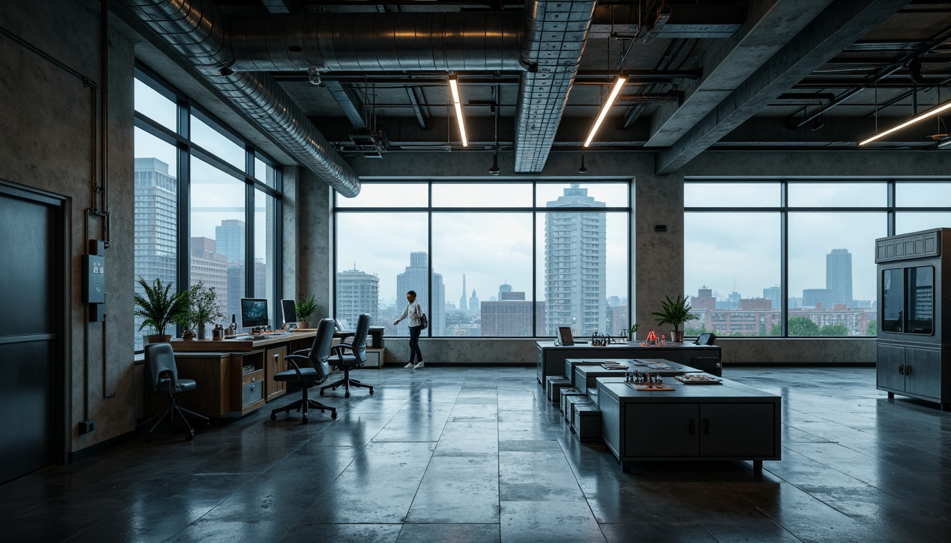 Prompt: Industrial laboratory setting, exposed ductwork, metallic pipes, concrete floors, minimalist aesthetic, functional layout, modular furniture, sleek workstations, futuristic equipment, glass partitions, neon lighting, urban cityscape, rainy day, misty atmosphere, shallow depth of field, 1/1 composition, realistic textures, ambient occlusion.