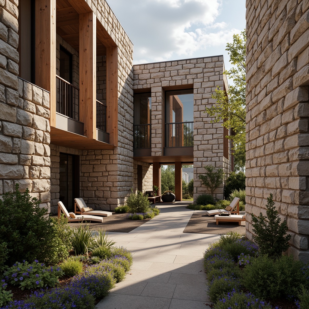 Prompt: Rough stone walls, rustic brick facades, wooden accents, natural wood grain, earthy tones, organic forms, irregular shapes, tactile experiences, 3D modeling, realistic renderings, ambient occlusion, soft warm lighting, shallow depth of field, 2/3 composition, modern architecture, sustainable design, eco-friendly materials, green roofs, living walls, urban landscapes, city skylines, industrial heritage, converted warehouses.