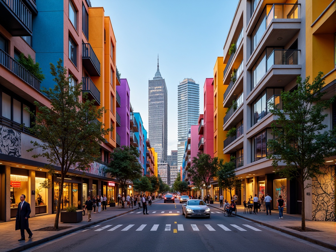 Prompt: Vibrant cityscape, modern skyscrapers, bold color blocking, contrasting hues, dynamic visual effects, urban energy, eclectic neighborhood, artistic murals, graffiti walls, trendy cafes, bustling streets, warm golden lighting, shallow depth of field, 1/1 composition, realistic textures, ambient occlusion.