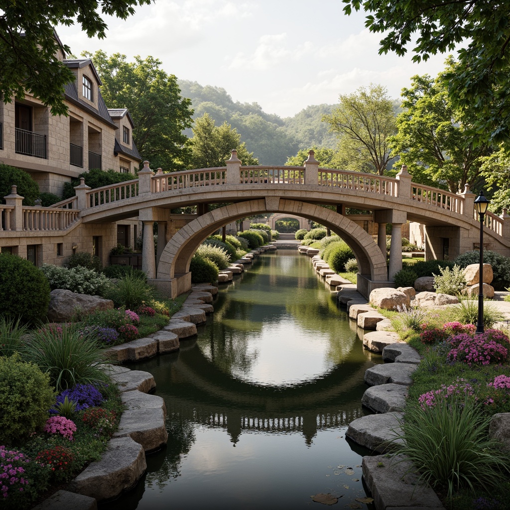 Prompt: Rustic stone bridges, ornate balustrades, grand arches, lush greenery, vibrant flowers, meandering water features, serene lakes, majestic fountains, natural rock formations, weathered wooden docks, elegant lampposts, intricate ironwork, soft warm lighting, shallow depth of field, 3/4 composition, panoramic view, realistic textures, ambient occlusion.