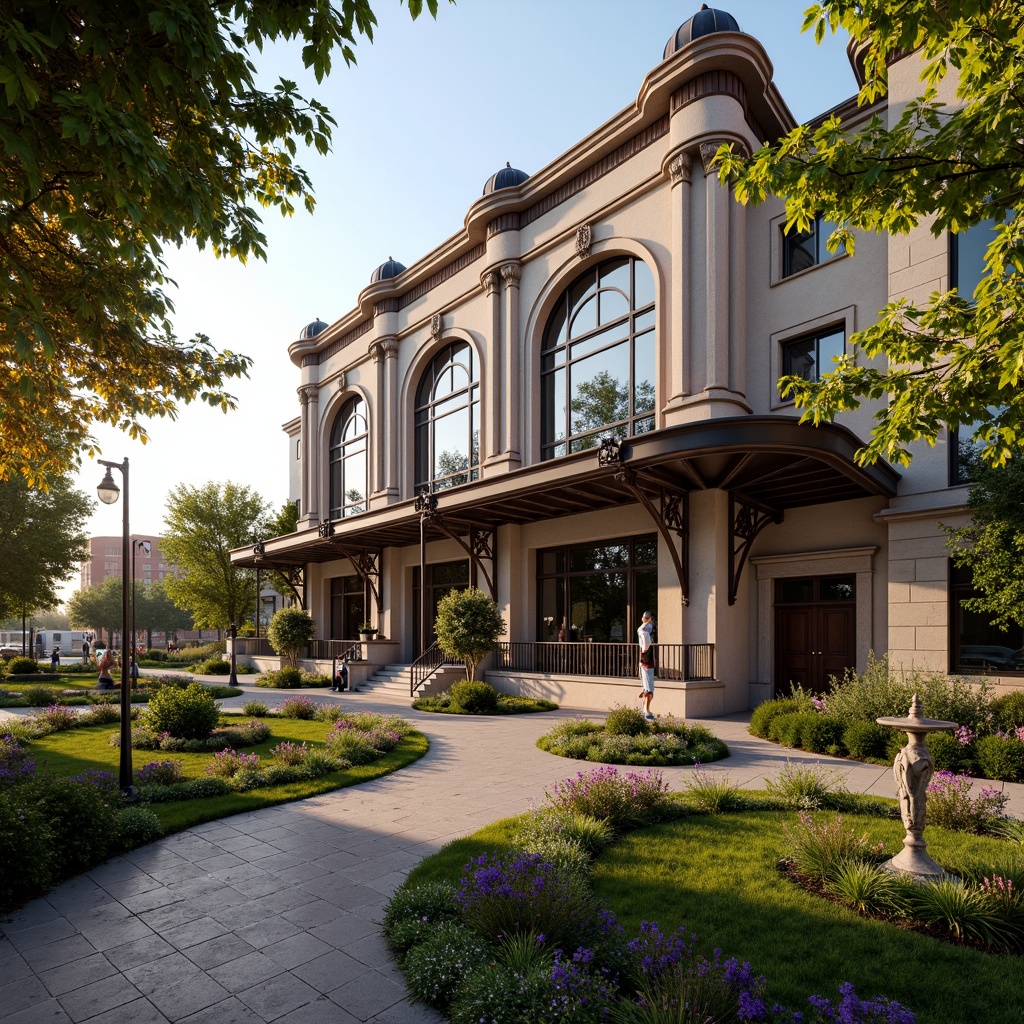 Prompt: Grand Romanesque train station, ornate stone fa\u00e7ade, arched windows, rusticated columns, lush greenery, vibrant flowers, manicured lawns, meandering walkways, decorative fountains, intricate ironwork, vintage lamp posts, warm golden lighting, shallow depth of field, 1/2 composition, symmetrical framing, realistic textures, ambient occlusion, bustling cityscape, urban atmosphere.