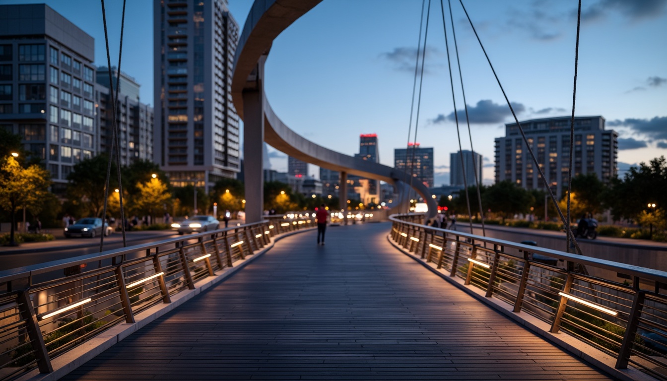 Prompt: Curved pedestrian bridge, sleek metal railings, wooden decking, modern urban landscape, city skyline, busy streets, vibrant streetlights, evening atmosphere, soft warm glow, shallow depth of field, 3/4 composition, panoramic view, realistic textures, ambient occlusion, structural columns, cantilevered sections, suspension cables, diagonal bracing, geometric shapes, minimalist design, functional aesthetics, pedestrian-friendly infrastructure, accessible ramps, safety handrails, urban connectivity.