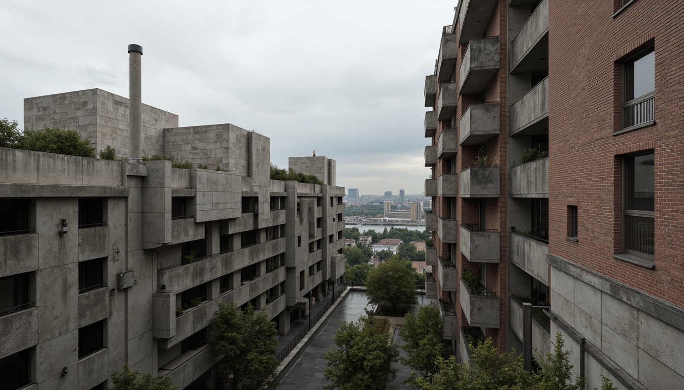 Prompt: Rough-hewn concrete walls, exposed ductwork, industrial metal beams, weathered steel surfaces, raw brick facades, rugged stone foundations, brutalist fortress-like structures, dramatic cantilevered roofs, angular geometric forms, monolithic monumental scale, harsh urban landscapes, overcast skies, diffused natural light, high-contrast shadows, gritty realistic textures, detailed normal maps, ambient occlusion.