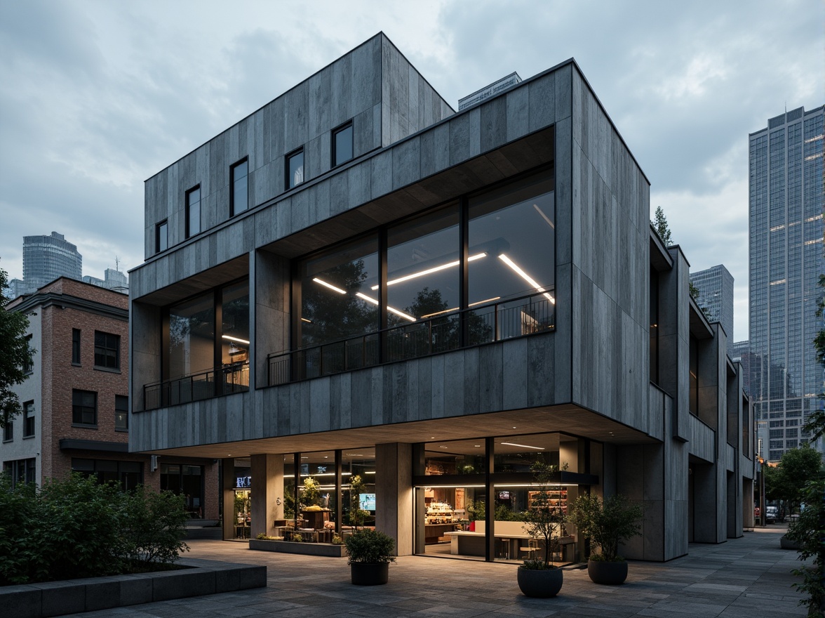 Prompt: Industrial laboratory building, constructivist architecture, brutalist concrete facade, geometric metal cladding, angular lines, minimalist design, functionalism emphasis, scientific equipment, futuristic details, neon lighting accents, urban cityscape background, overcast sky, dramatic shadows, high-contrast lighting, 1/1 composition, symmetrical framing, realistic materials, ambient occlusion.