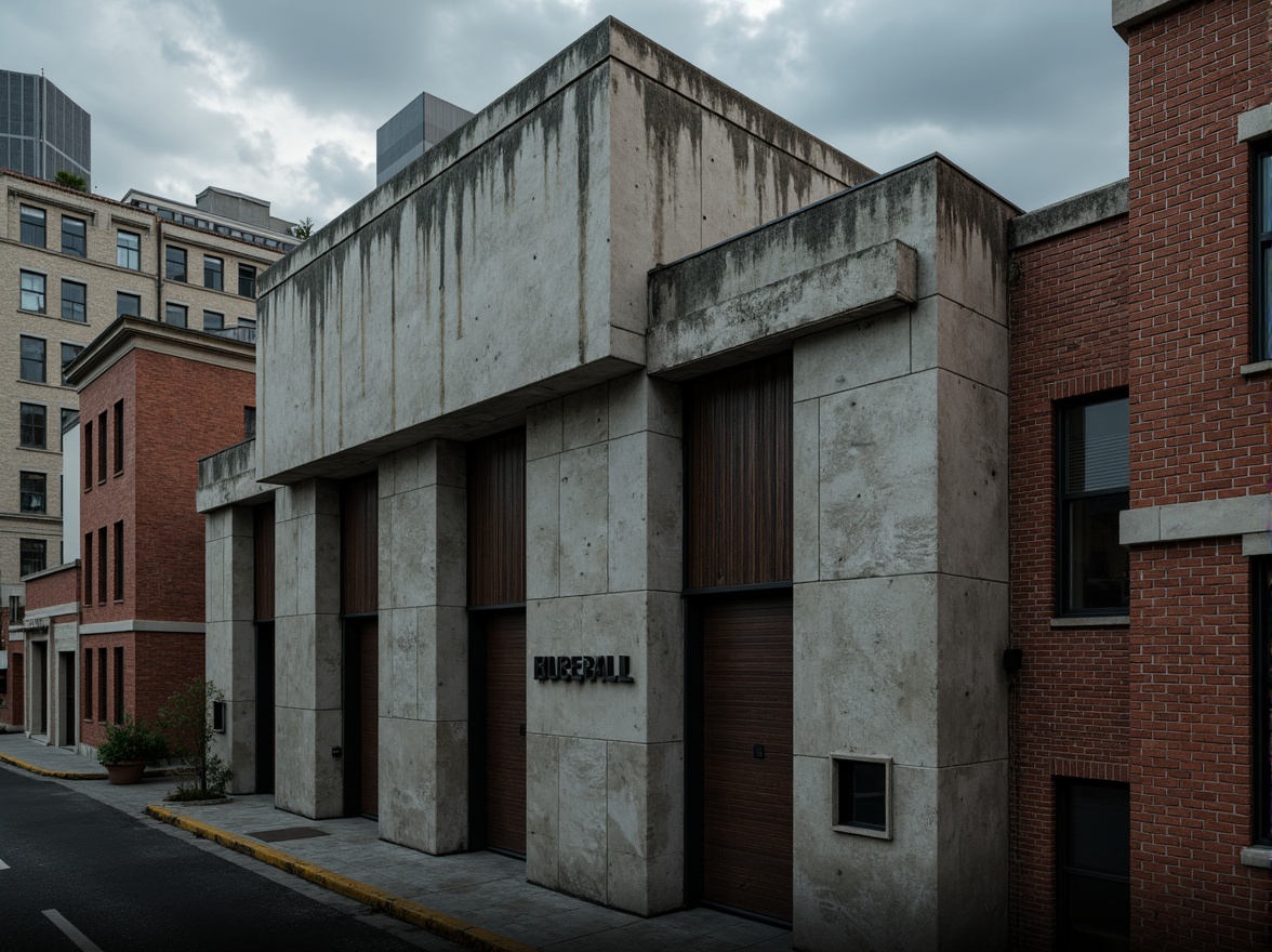 Prompt: Rough concrete walls, exposed ductwork, industrial metal beams, raw brick facades, weathered stone surfaces, distressed wood accents, brutalist monumentality, fortress-like structures, urban cityscape, overcast skies, dramatic shadows, high-contrast lighting, cinematic composition, gritty realistic textures, ambient occlusion.