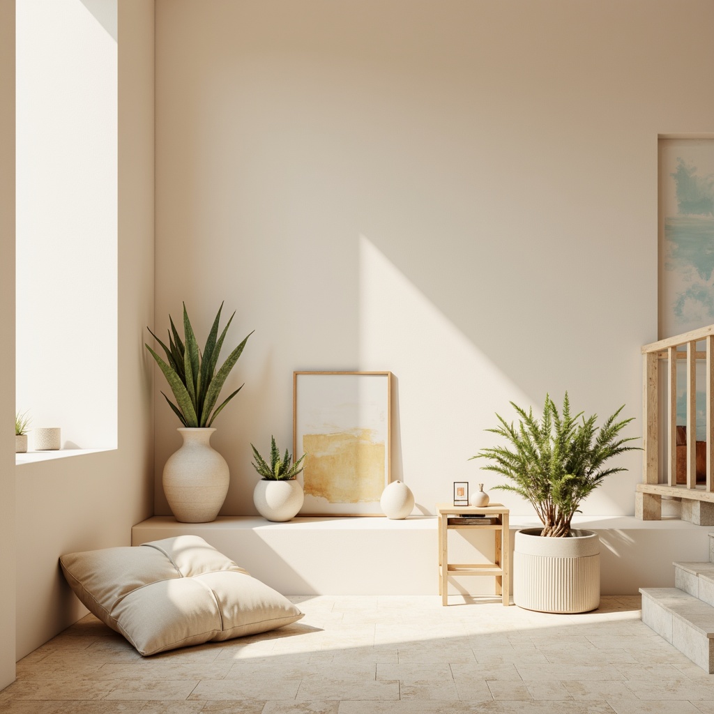 Prompt: Soft pastel hues, calming atmosphere, serene ambiance, gentle color transitions, soothing warm beige, creamy whites, pale blues, muted greens, earthy terracotta, natural wood accents, subtle texture variations, organic shapes, minimalist composition, soft focus, shallow depth of field, 1/1 aspect ratio, realistic renderings, ambient occlusion.