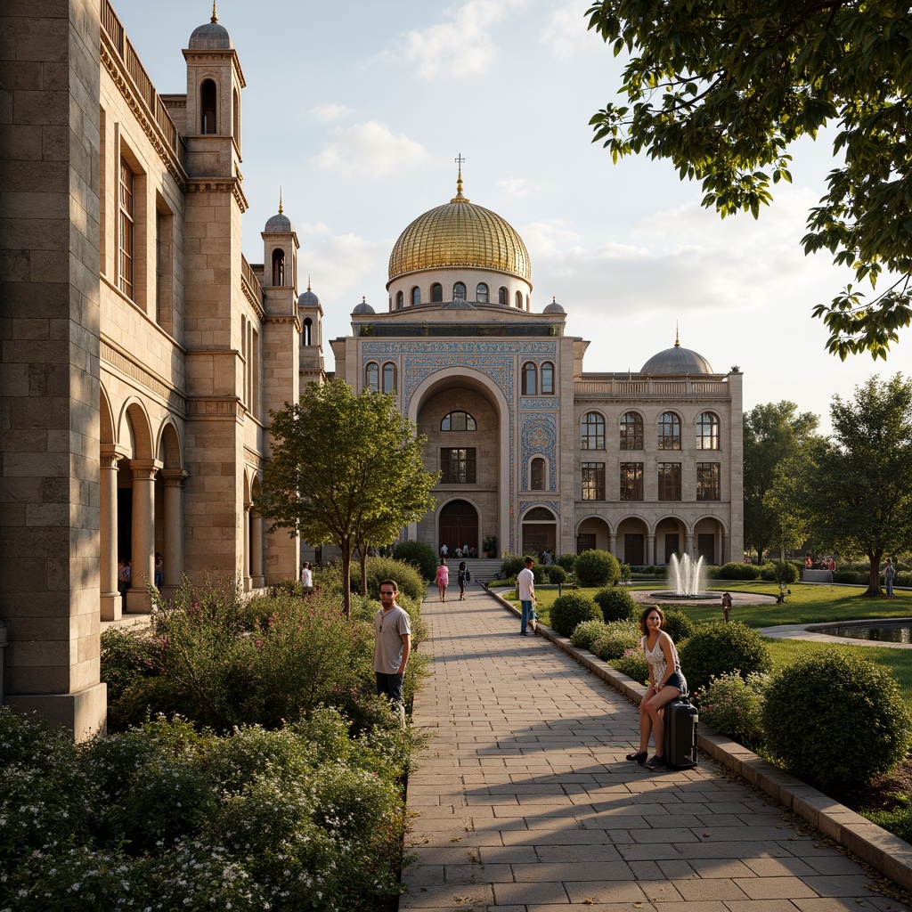 Prompt: Majestic Byzantine-style buildings, intricately carved stone facades, golden domes, ornate mosaics, lush greenery, blooming flowers, serene water features, meandering pathways, rustic stone walls, ancient olive trees, warm Mediterranean sunlight, soft warm lighting, shallow depth of field, 3/4 composition, panoramic view, realistic textures, ambient occlusion.