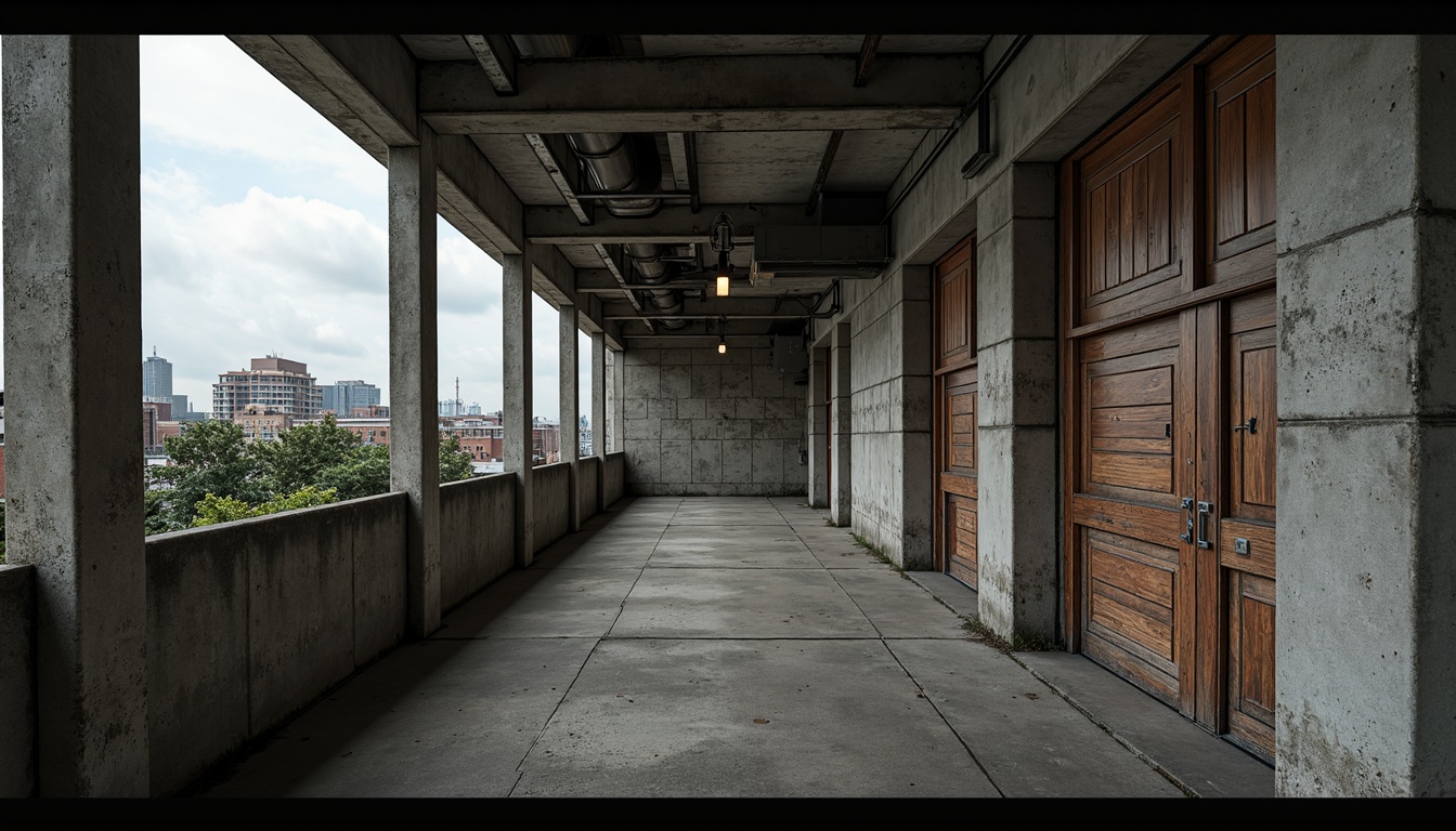 Prompt: Rough concrete walls, exposed ductwork, industrial metal beams, raw brick facades, weathered stone surfaces, distressed wood accents, brutalist monumentality, fortress-like structures, urban cityscape, overcast skies, dramatic shadows, high-contrast lighting, cinematic composition, gritty realistic textures, ambient occlusion.